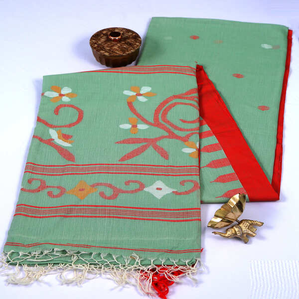 Jamdani Green Mul Cotton Saree
