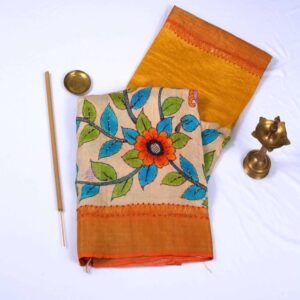 Pure Tussar Knot Embroidery Beige Saree