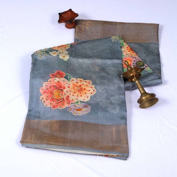 Pure Tussar Silk Grey Katha Work Saree