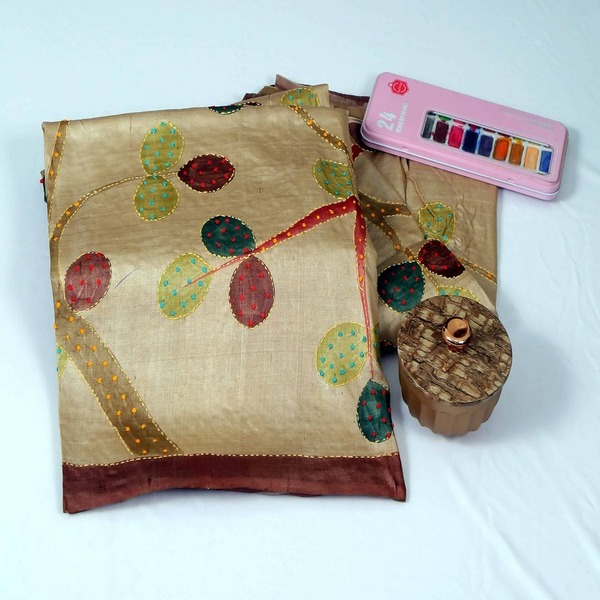 Pure Tussar Silk Painted Kantha Work Beige Saree