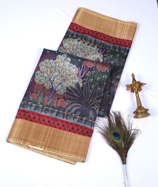 Semi Tussar Jungle Theme Green Saree