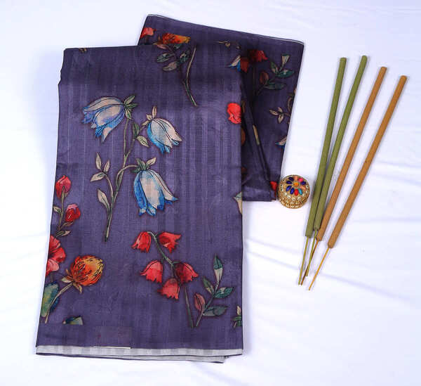 Semi Tussar Printed Dark Grey Saree