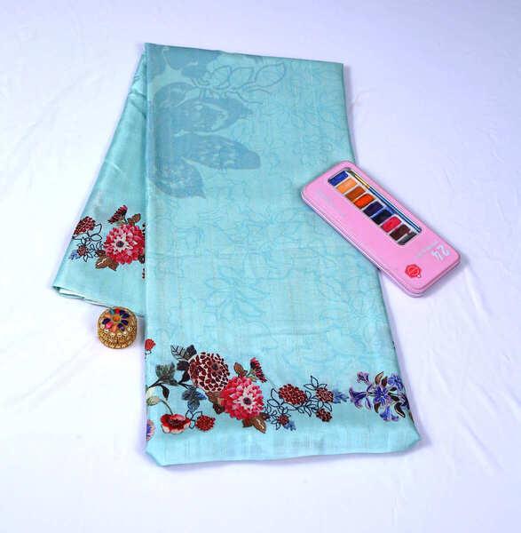 Semi Tussar Printed Sea Blue Saree